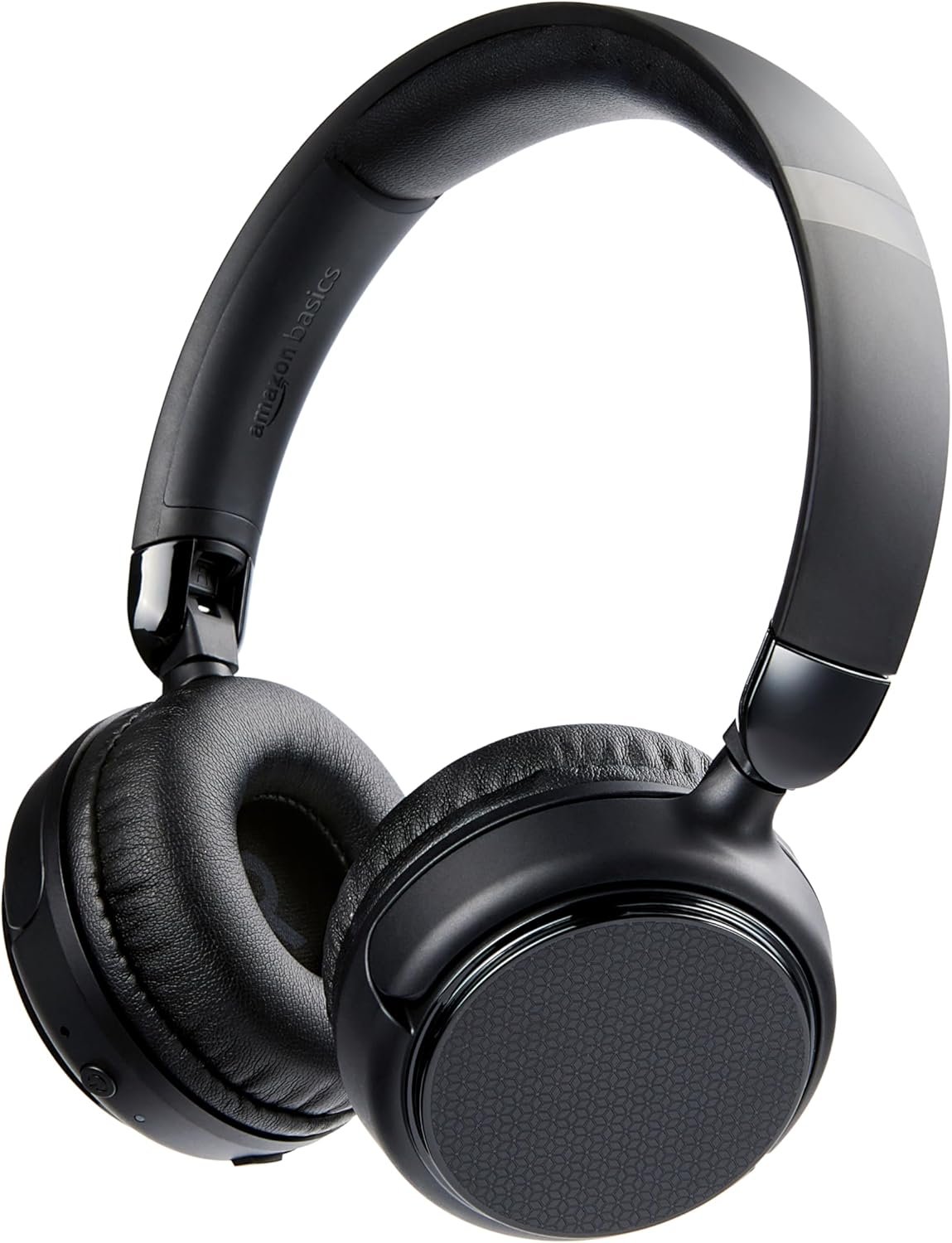 Amazon Basics Bluetooth headphones with wireless audio, deep bass, microphone, and foldable travel-friendly design.