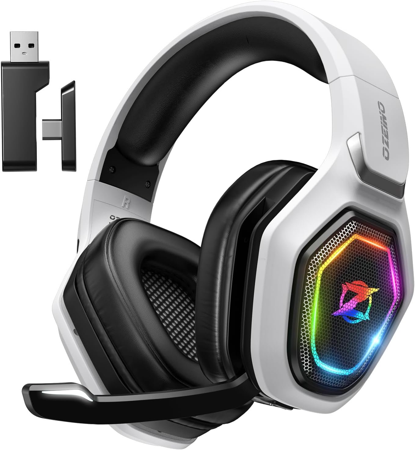 **Alt Text:** Wireless Gaming Headset with RGB lighting, 2.4GHz low-latency wireless audio, built-in microphone, 40-hour battery, comfortable over-ear design, and USB/Type-C compatibility for PC, PlayStation, Nintendo Switch, and mobile gaming.