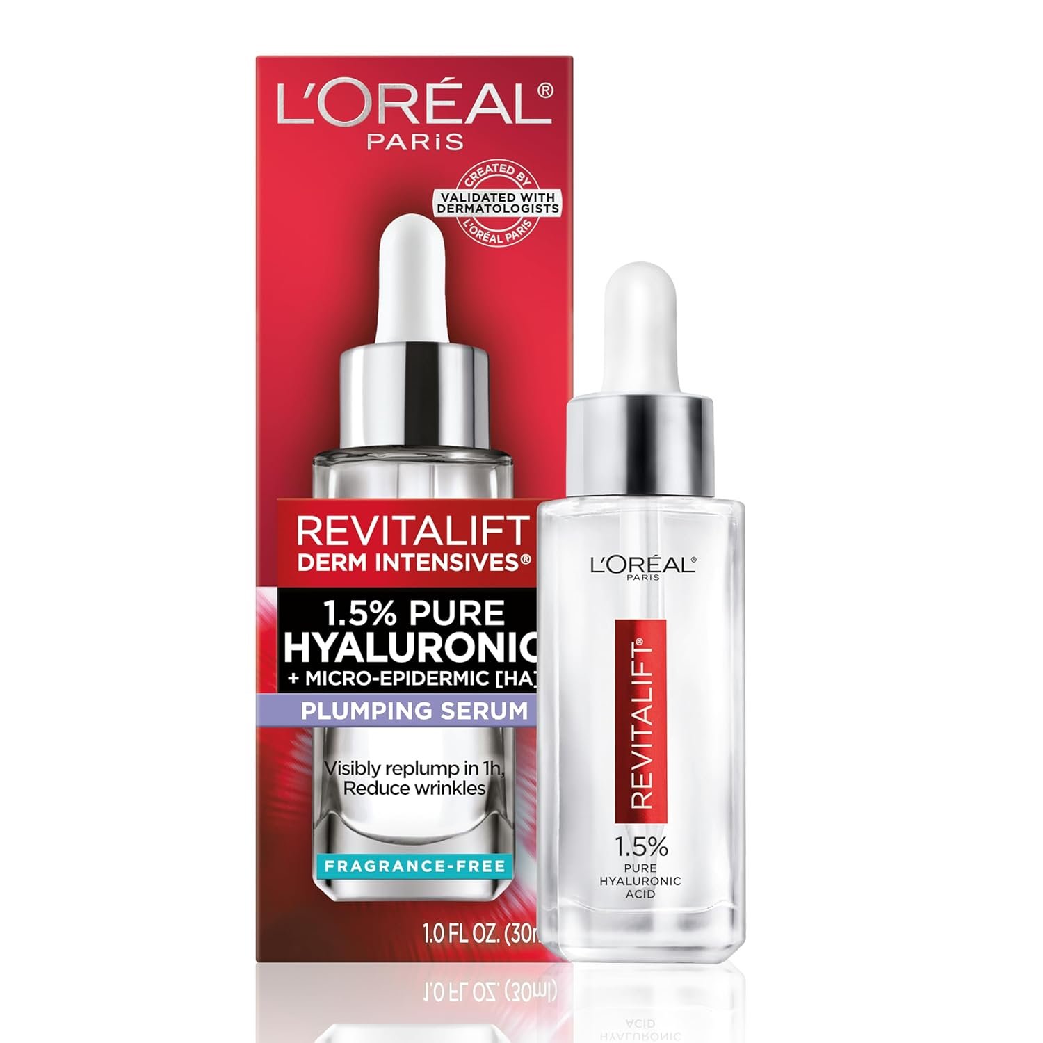 **Alt Text:** L’Oréal Paris Revitalift Derm Intensives 1.5% Pure Hyaluronic Acid Plumping Serum for hydrated, plumper-looking skin and visibly reduced wrinkles.