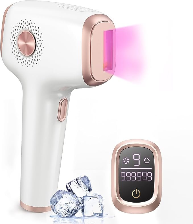 **Alt Text:** **INNZA IPL Hair Removal Device with 999,999 flashes for painless at-home hair removal on legs, arms, underarms, face, and bikini line.**