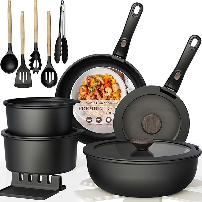 AsterCook cookware set with food-grade nonstick coating, pots, pans, utensils, and healthy cooking features for family meals.