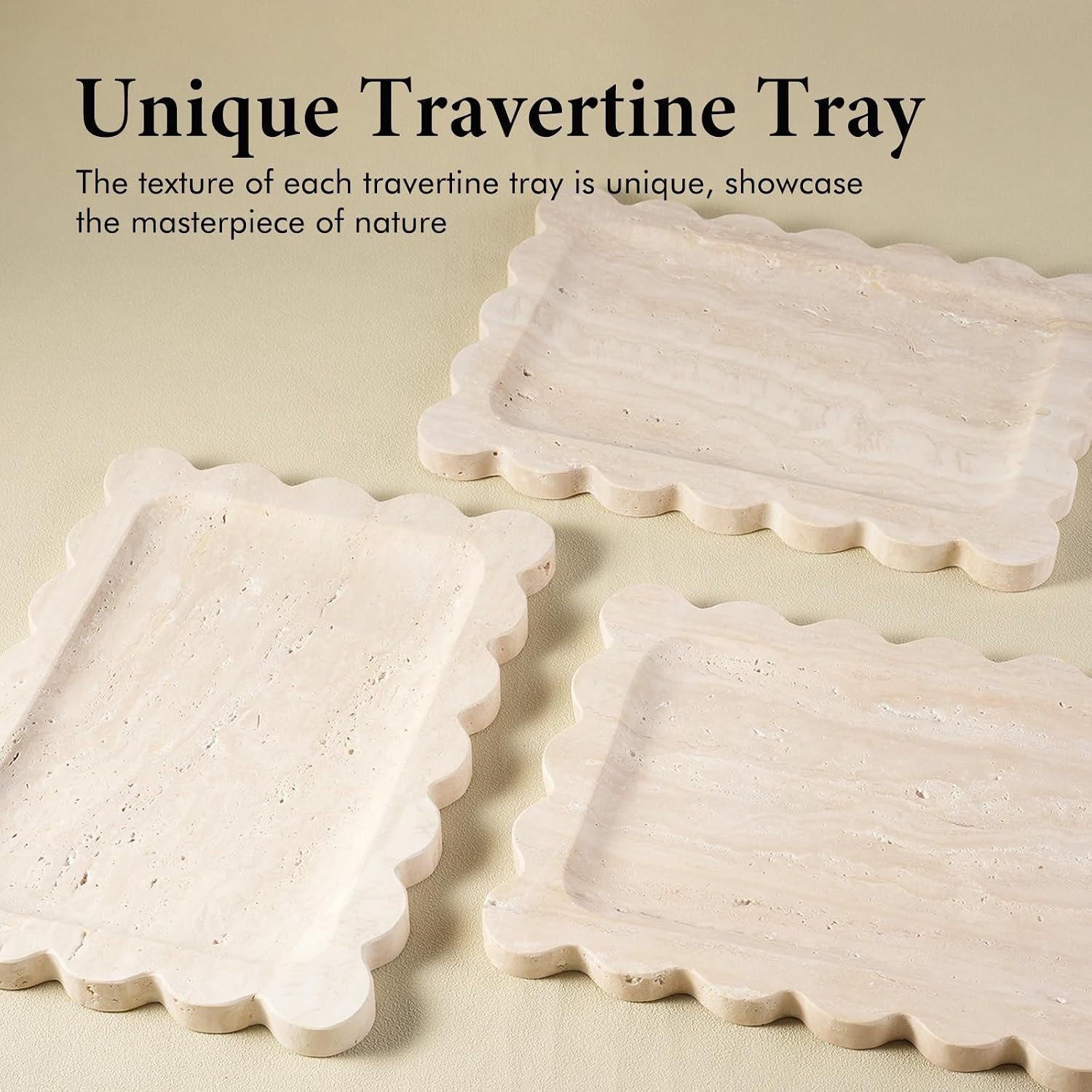 **Alt Text:** **Travertine Vanity Tray made from natural stone with a scalloped design, ideal for organizing jewelry, perfume, cosmetics, and bathroom countertop essentials.**