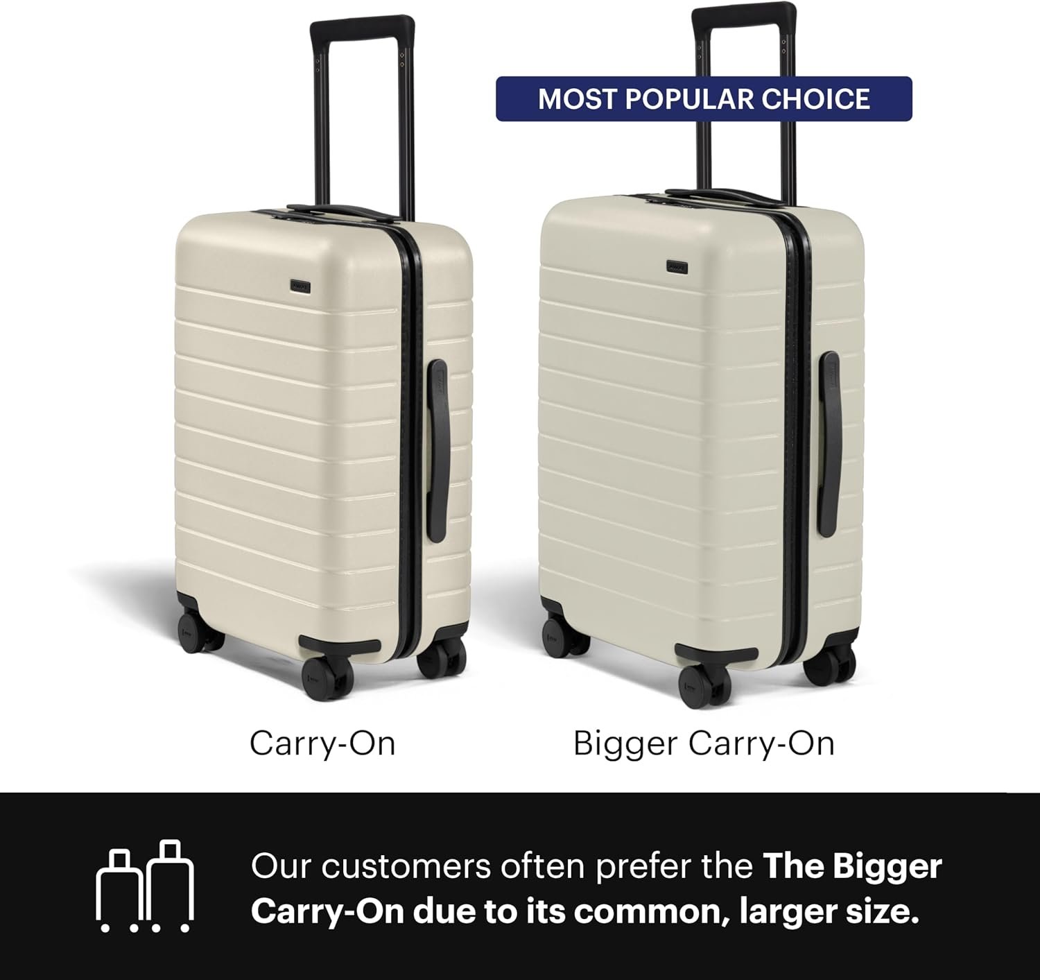 **SEO Optimized Alt Text:** **Away Bigger Carry-On Luggage in cream color featuring a durable hard-shell polycarbonate case, 360° spinner wheels, telescopic handle, TSA-approved lock, and spacious carry-on design for business trips, weekend travel, and airline-approved luggage.**