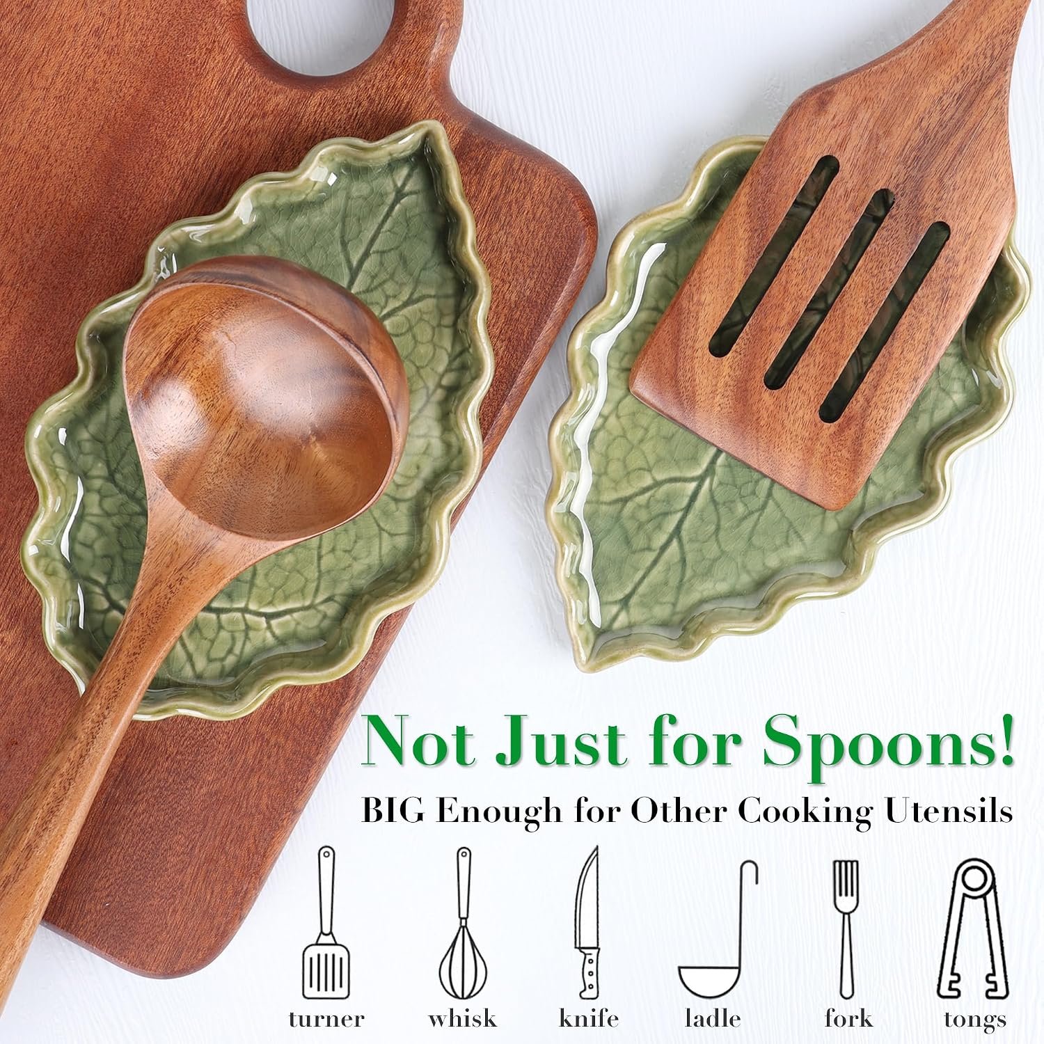 **Alt Text:** **Ceramic Spoon Rest with a green leaf-shaped crackle glaze design, heat-resistant ceramic surface, and wooden spoon for keeping kitchen countertops clean during cooking.**