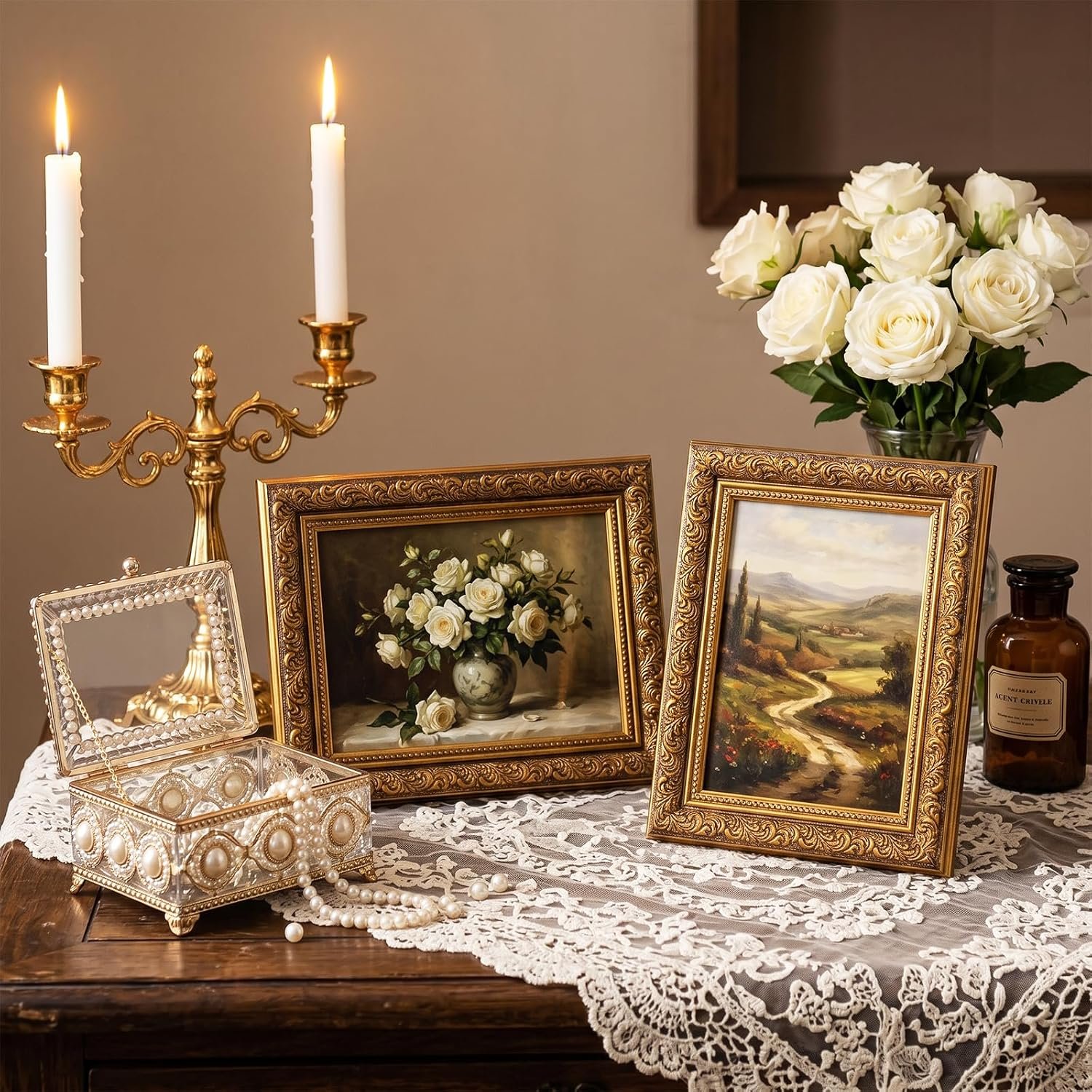 Gold 5x7 picture frame with ornate vintage design, elegant decorative detailing, and tabletop or wall display for home décor.