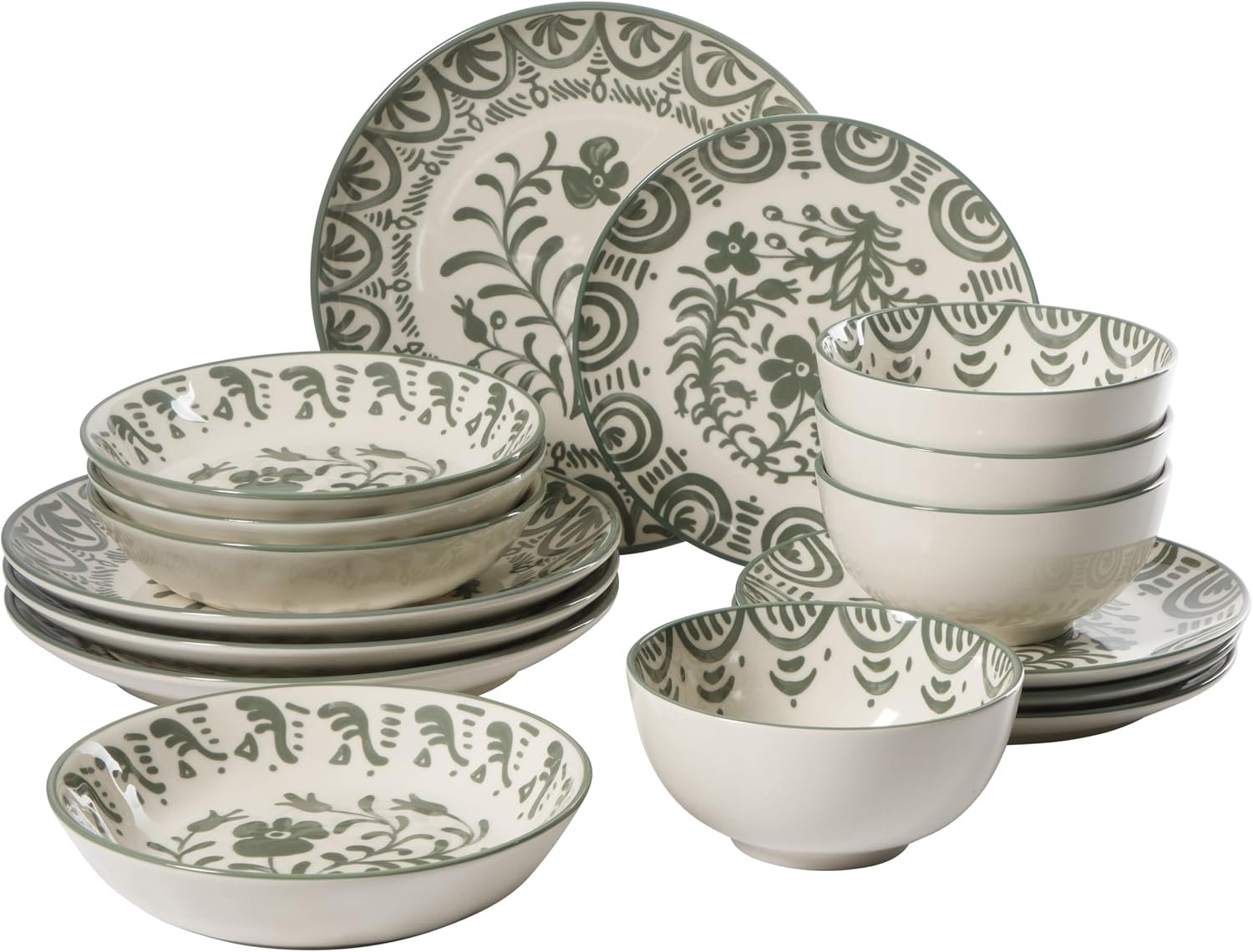 **Valencia Flor 16-Piece Stoneware Dinnerware Set in Fern Green with artisanal plates and bowls, microwave and dishwasher safe, service for four.**