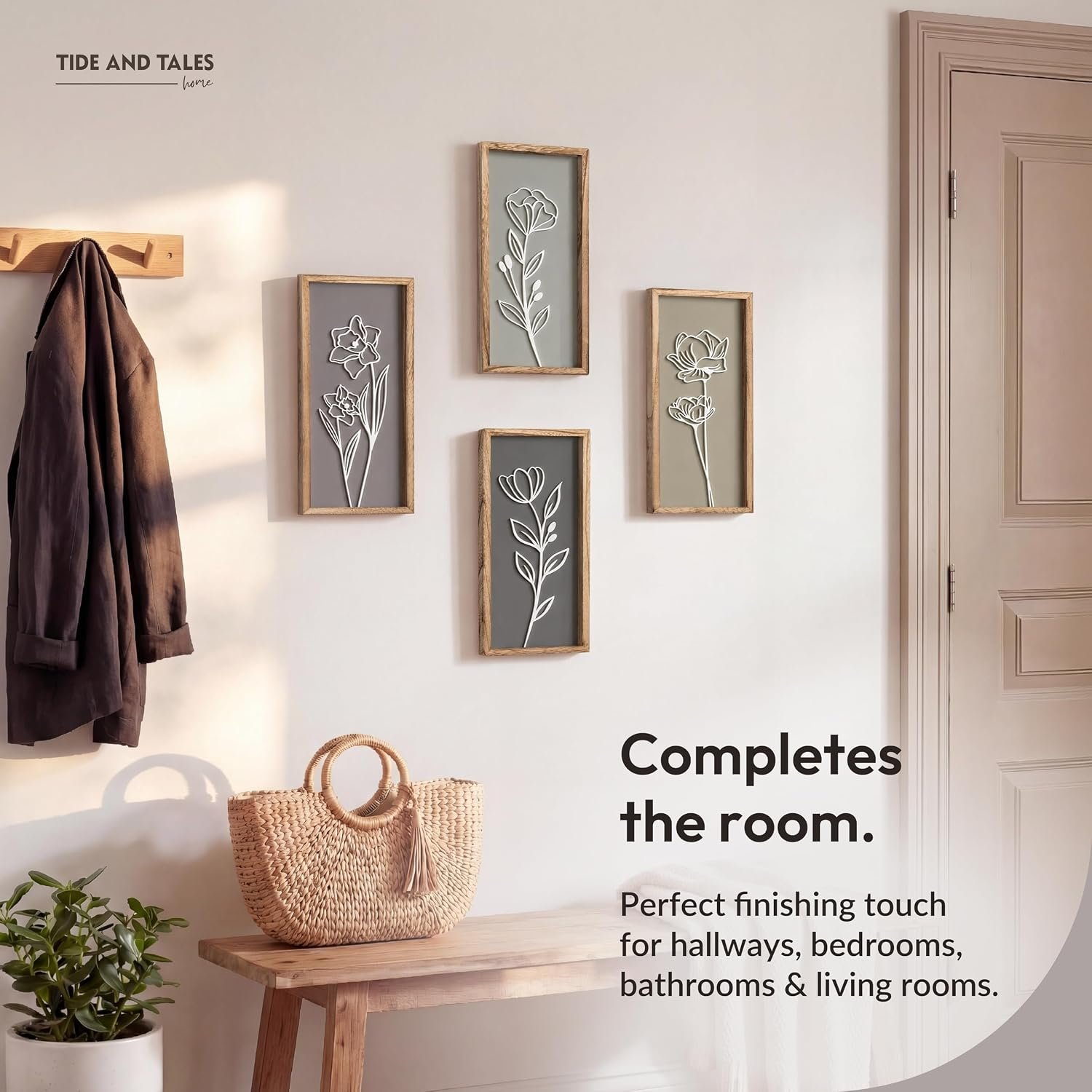 **Boho Floral Wall Art set of 4 featuring 3D botanical designs in natural wood frames, perfect for living room, bedroom, office, and farmhouse home décor.**
