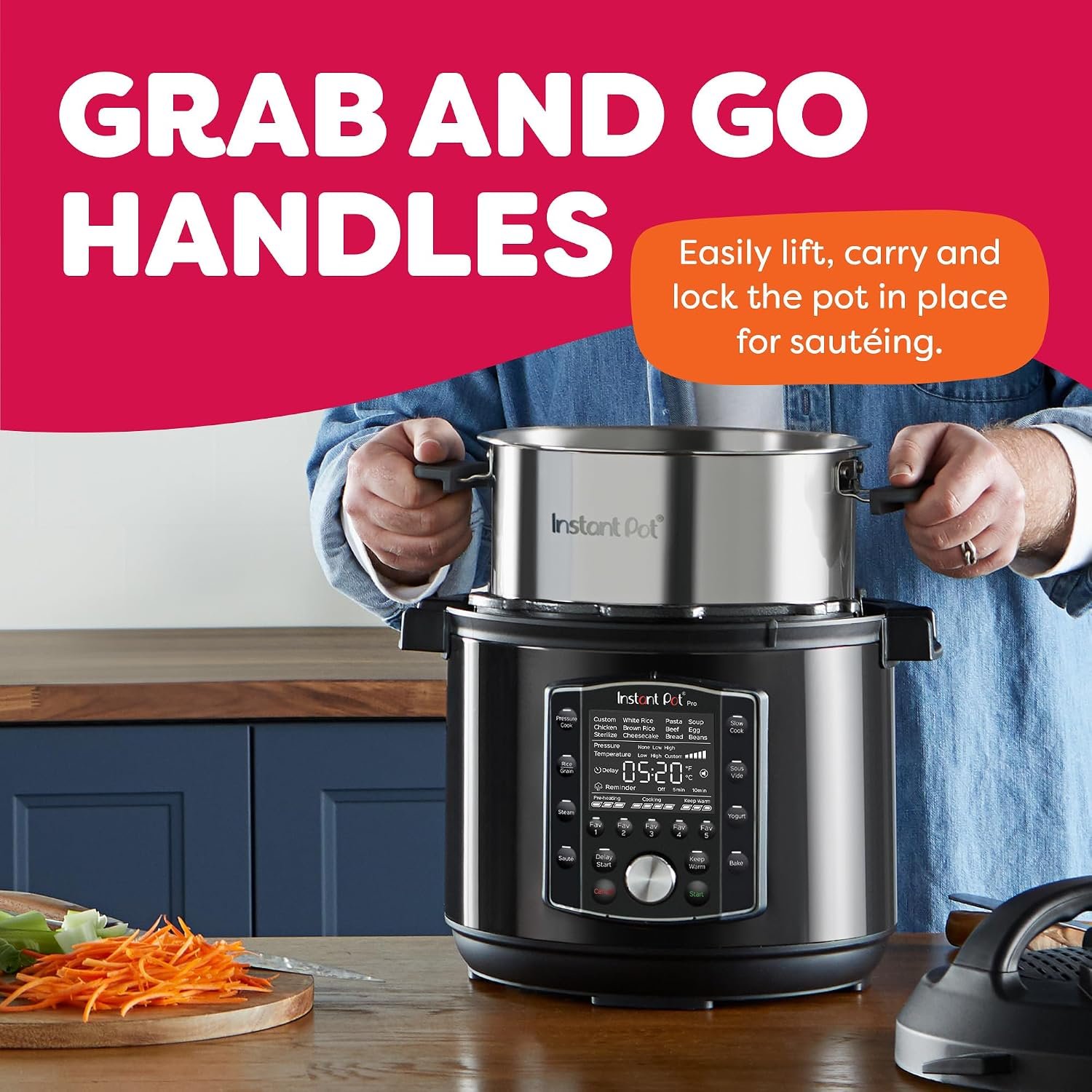 **Alt Text:** **Instant Pot Pro 8 Qt Electric Pressure Cooker, 10-in-1 multicooker with pressure cook, slow cook, rice, steam, sauté, yogurt, sous vide, and keep warm functions for fast family meals.**