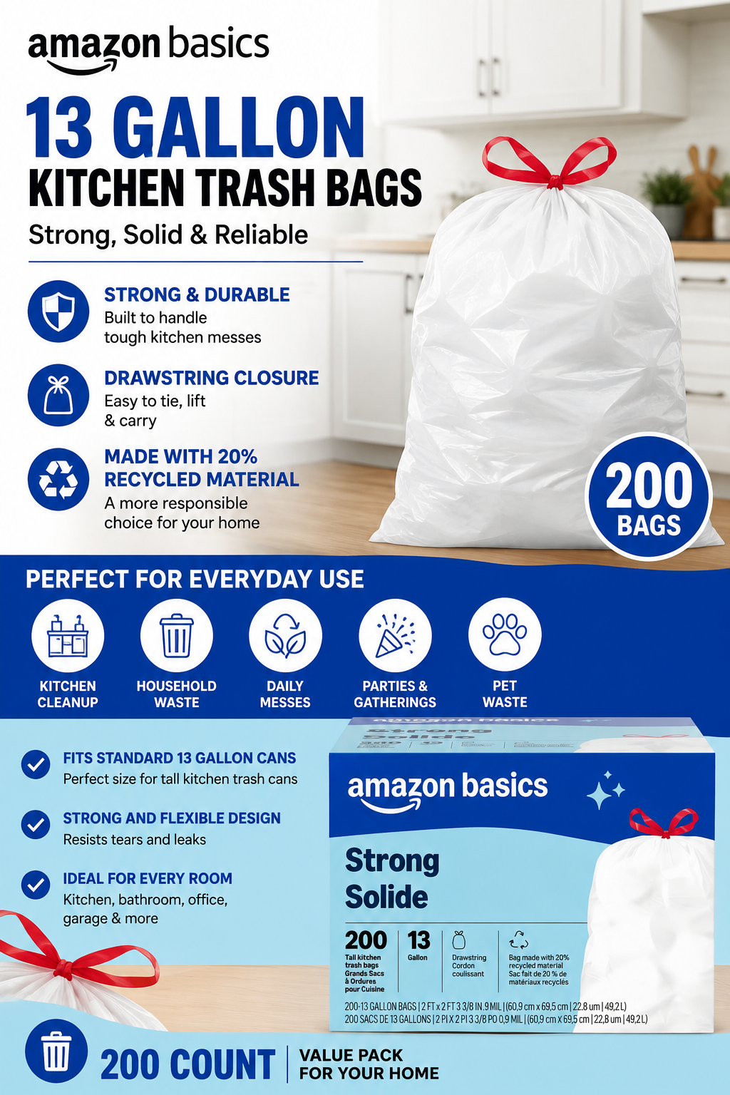 Amazon Basics 13 gallon kitchen trash bags, 200 count, strong drawstring garbage bags for everyday household cleanup