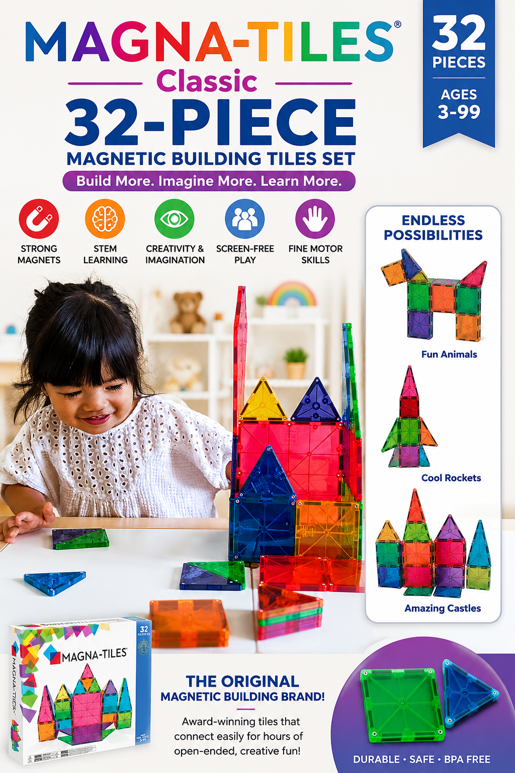 Colorful **MAGNA-TILES Classic 32-Piece Magnetic Building Tiles Set** featuring vibrant magnetic squares and triangles for creative STEM learning. Kids can build castles, animals, towers, and imaginative structures while developing problem-solving, fine motor skills, spatial reasoning, and creativity through hands-on educational, screen-free play.