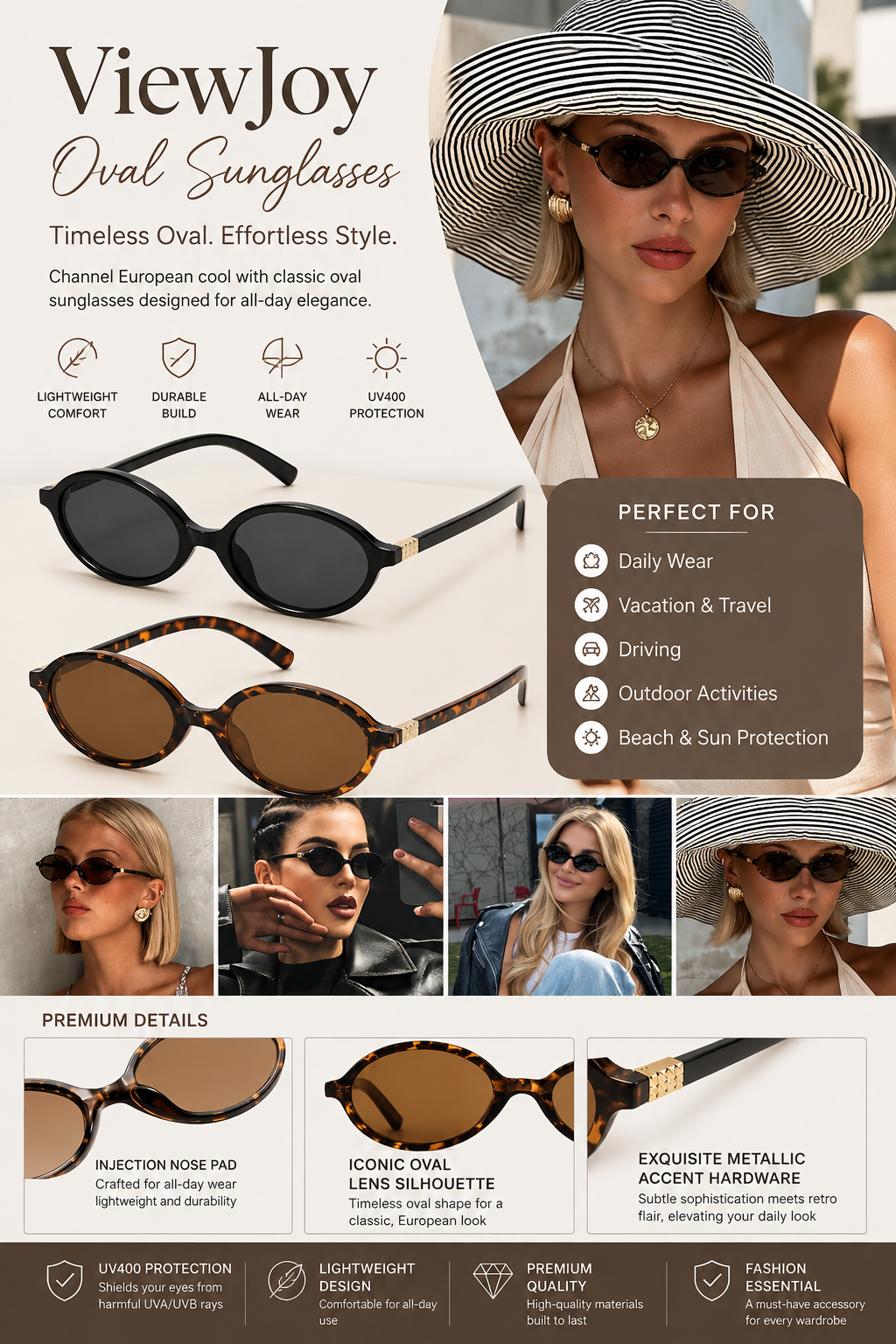 **ALT TEXT:** Retro oval sunglasses for women in black and tortoiseshell frames, featuring vintage-inspired oval lenses, lightweight design, and metallic accent details for everyday fashion, travel, and outdoor wear.