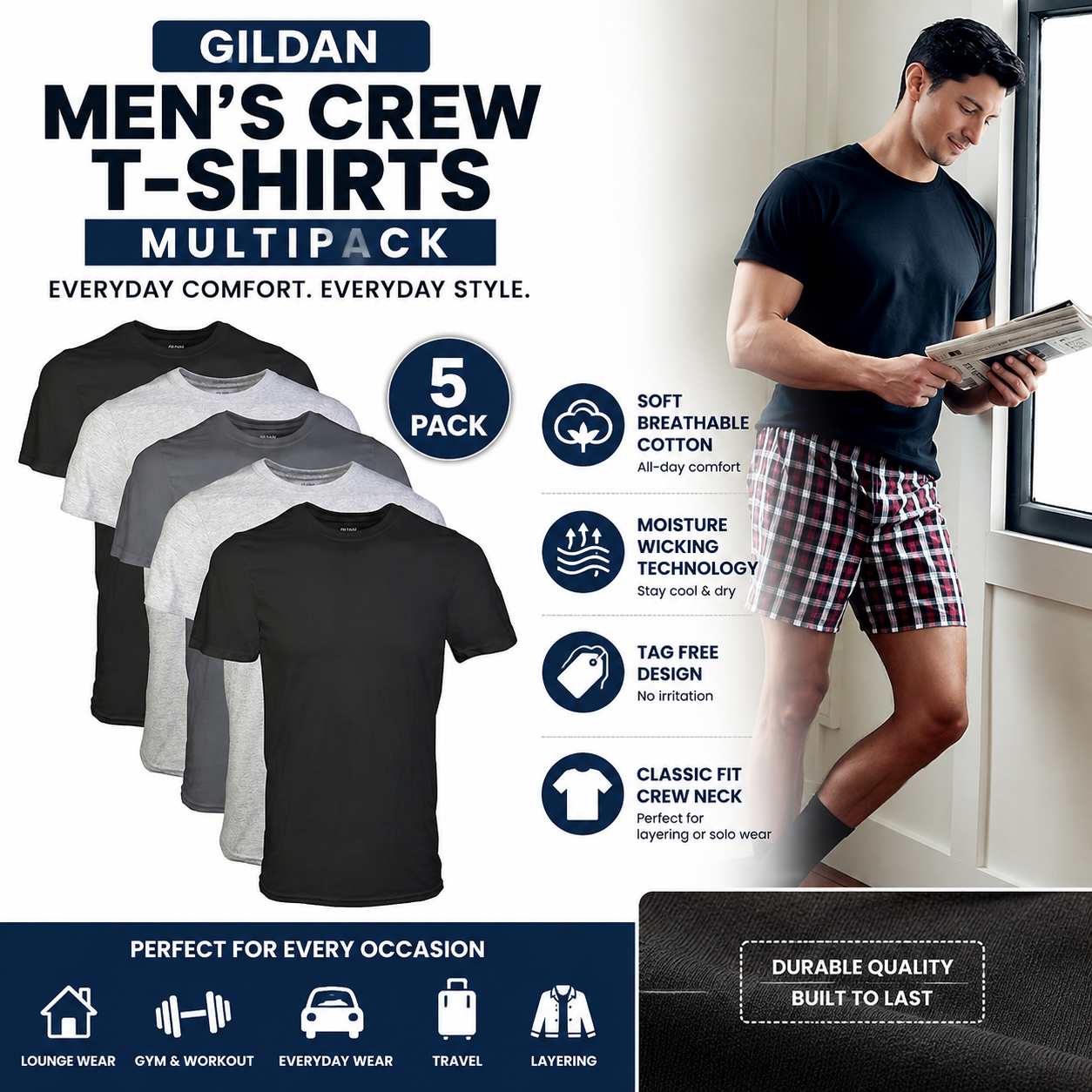 Optimized, ~40 words):** **Gildan Men's Crew T-Shirts Multipack Style G1100 featuring soft breathable cotton fabric, classic crew neck, short sleeves, tag-free comfort, and durable everyday design. Ideal for casual wear, layering, work, gym, travel, and comfortable daily use for men.**