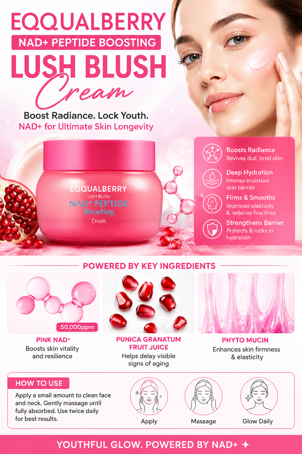NAD+ Peptide Cream in a pink jar, formulated with peptides for moisturizing, firmer-looking, radiant skin.